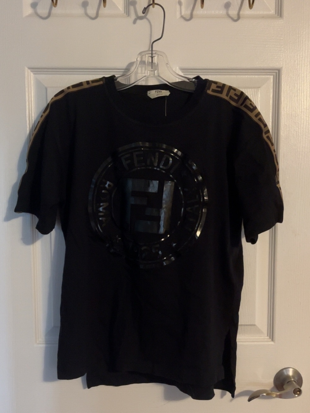 Fendi Black Tee with Logo Tape Shoulder Trim